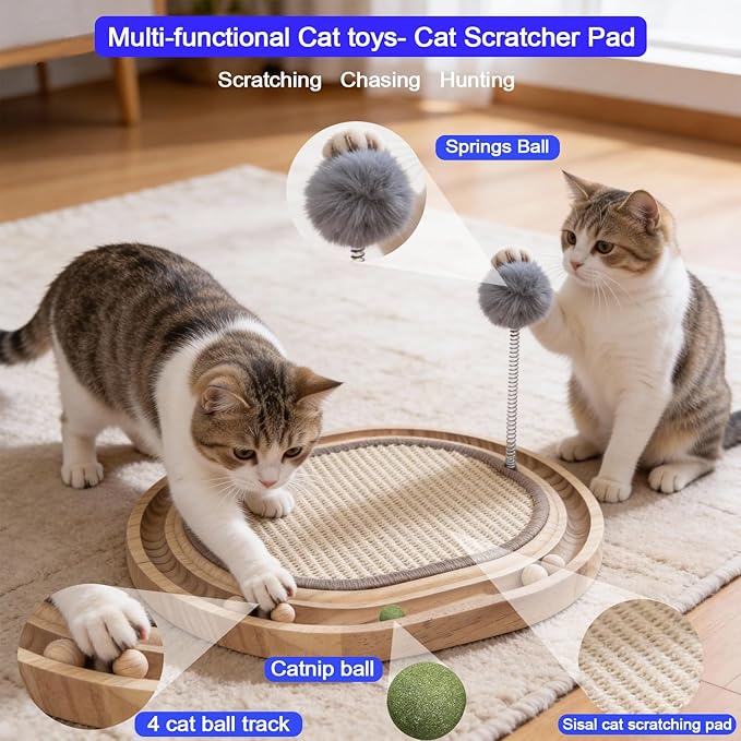 Natural Sisal Cat Scratcher Pad Wooden Interactive cat Toy with Ball Track Springs Ball for Chasing Hunting Physical Exercise Kitten Toys Cat Scratching Mat for Indoor Cats Furniture Protection
