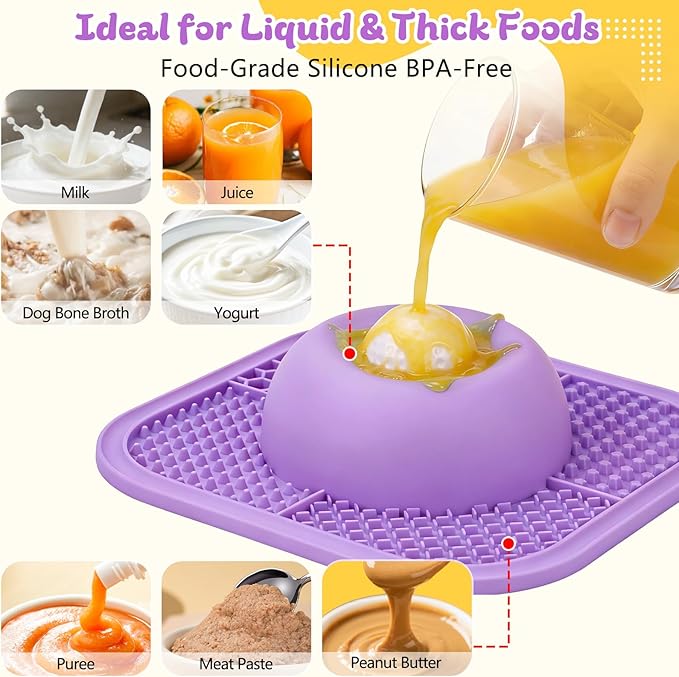PetsHome Slow Feeder Dog Bowls & Lick Mat for Liquid and Thick Treat, Anti-Slip Dog Lick Bowl with Interactive Rolling Ball, 5/6 Cup Pup Licking Toy for Large Medium Small Dogs and Cats Purple