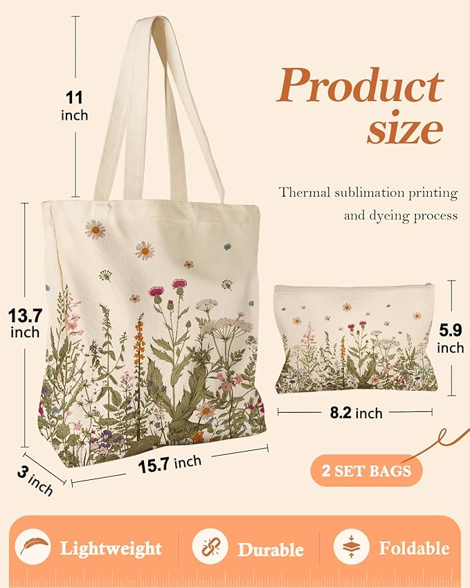 Miss Adola Aesthetic 2 Pack Canvas Tote Bag - with Makeup Zipper Pouch for Women Bag for Shopping, Gym, Travel, Vacation