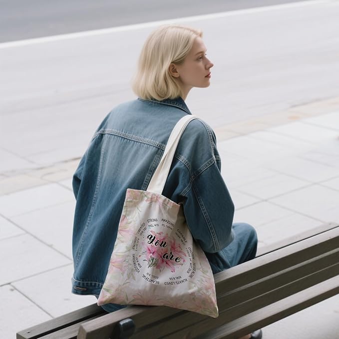 Aesthetic Canvas Tote Bag for Women - with Magnetic Snap Closure & Zipper Inner Pocket Reusable Bag for Shopping