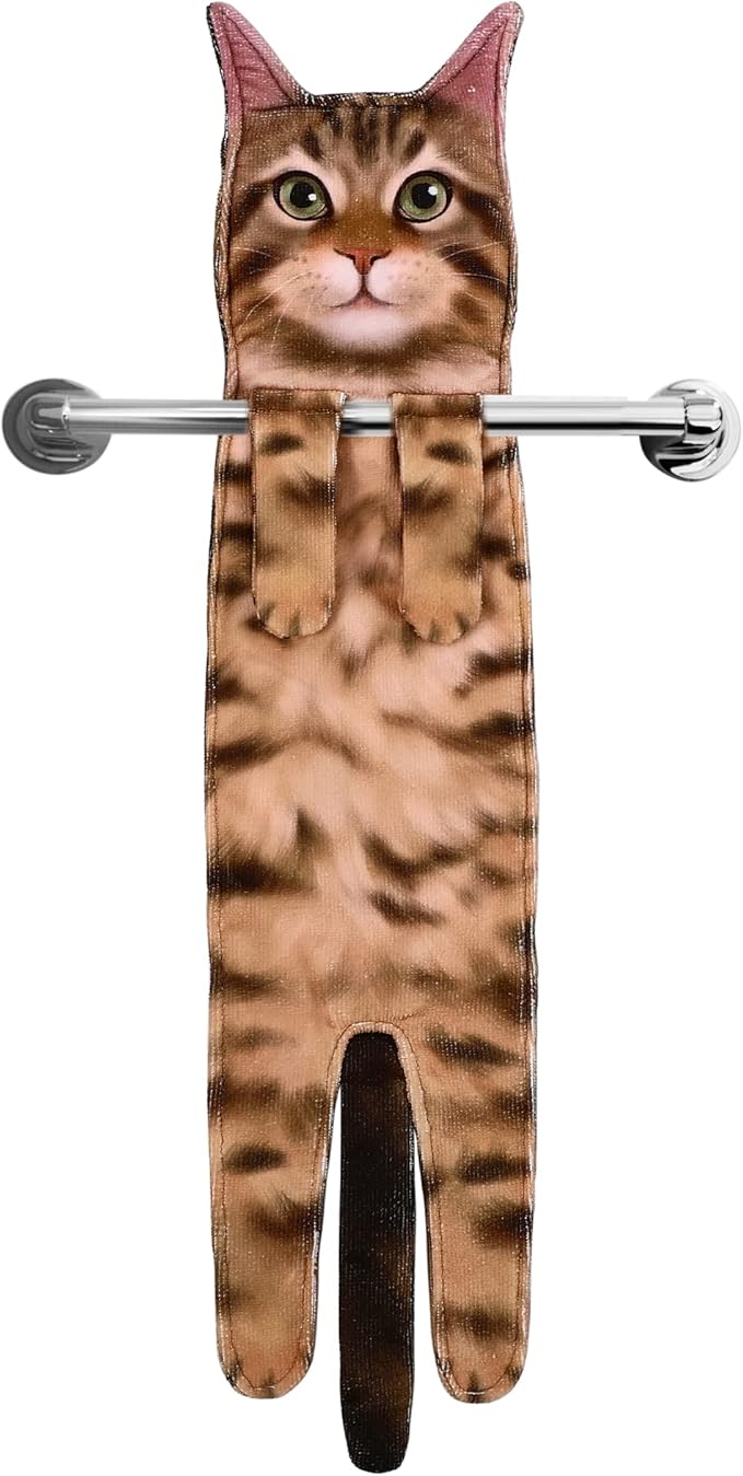 Funny Hand Towels for Bathroom Kitchen Decor - Cute Cat Hanging Hand Towel Kitchen Gadgets - Unique Housewarming Birthday Christmas Cat Lover Gift Ideas for Women Mom Lady Adults
