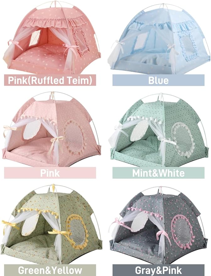 Selena Cat Bed Tents Dog House Indoor Outdoor Lace Mesh Breathable Windows Door Curtains Removable Portable Nest Teepe House (Small,Pink(Flower))