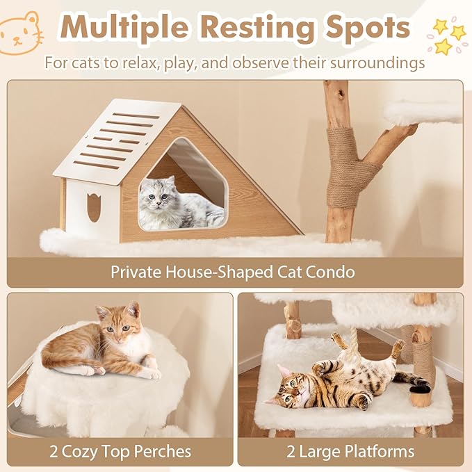 Tangkula Solid Wood Cat Tree, Modern Wooden Cat Tower with Jute Scratching Posts, 2 Perches, Condo, Sisal Rope, Soft Long Plush, 60 Inch Tall Cat Tree Tower for Indoor Cats Large Adult