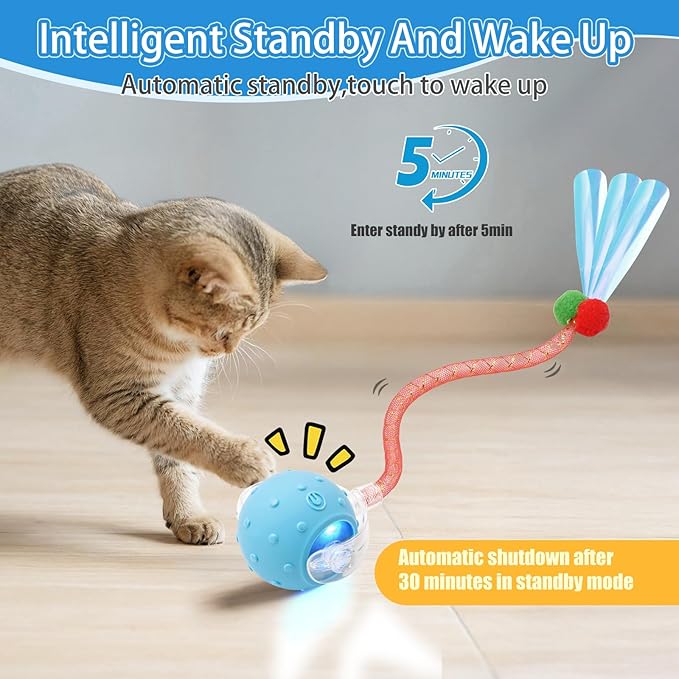 Interactive Cat Toy Ball for Indoor Features Fast Rolling, Bird Chirping Sounds,Intelligent Activation.It’s Rechargeable and Includes Two Replaceable Tail Types