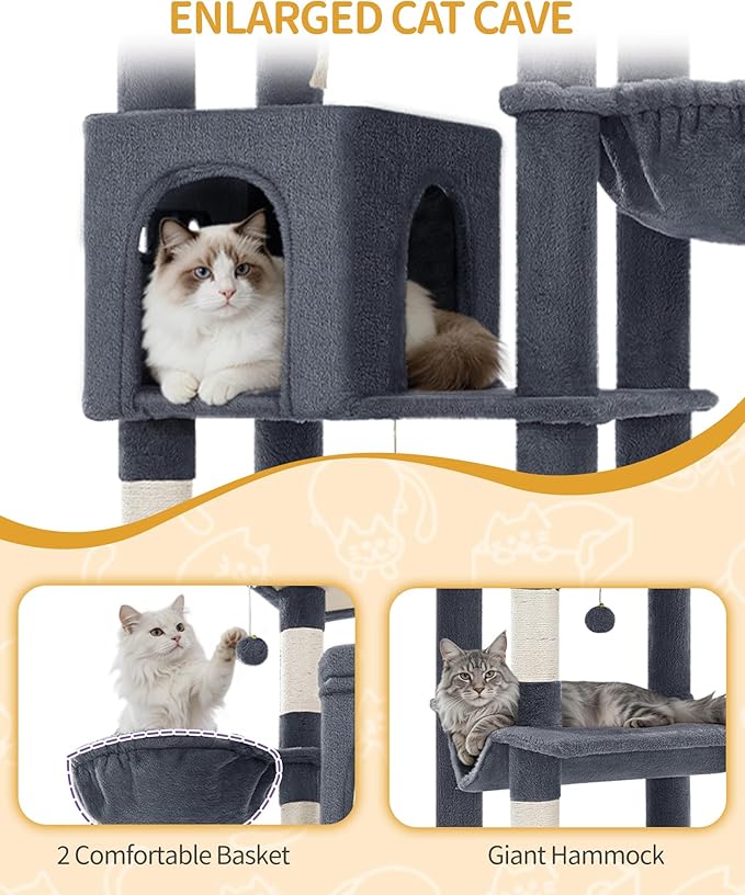 Hzuaneri Large Sturdy Cat Tree Tower, 75 Inch Tall Pet Condo for 7 Large Cats, Cat Tree Indoor Climbing Activity Tower, 2 Large Platform/2 Cave/2 Hanging Basket/5 Scratching Post, Dark Grey MS19018SG