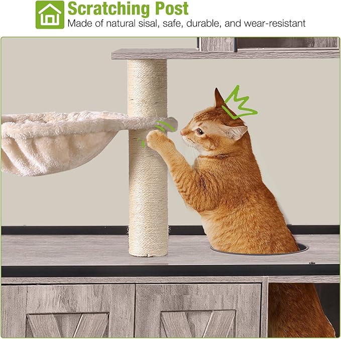 GUTINNEEN All-in-One Cat Litter Box Enclosure Hidden Litter Box Furniture with Cat Tree, Scratching Post, Cozy Cat Cave, Hanging Hammock, Storage Cabinet, Durable & Space-Saving (Grey)