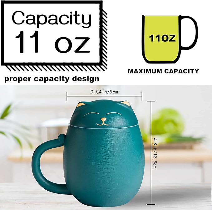 Liywall - Ceramic Tea Mug with Infuser and Lid, Cat Design Handmade Porcelain Tea Cup Strainer With Portable Shockproof Storage Case for Travel Office Home,Wife Girlfriend Gift - Green