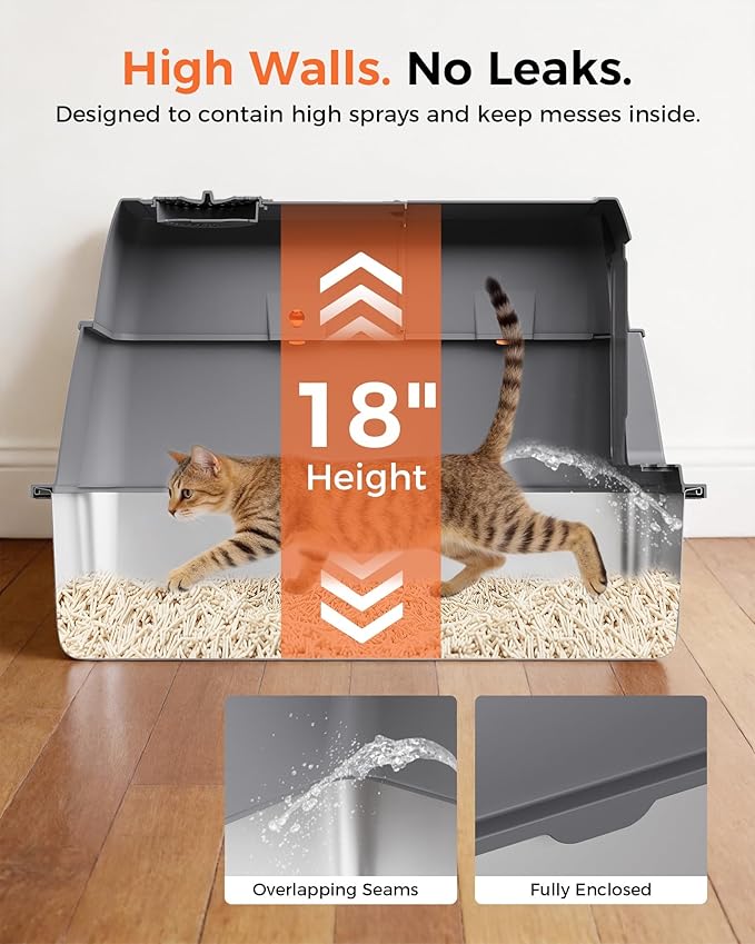 GTPLAYER XXL Stainless Steel Cat Litter Box with Lid, High Sided Enclosed Cat Litter Box, Activated Carbon Odor Control, Extra Large Metal Litter Box, Anti-Leak, with Mat & Scoop, Pinky Paws