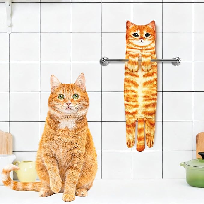 PAT JUUMG Funny Cat Hand Towels for Bathroom Kitchen Decor Towel,Cute Decorative Hanging Face Towels,Super Absorbent Soft, Housewarming Gift,Cat Lovers Gifts for Women (Orange)