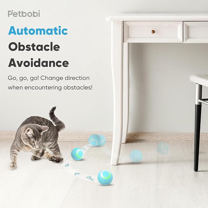 Petbobi Interactive Cat Toy Ball - USB Rechargeable Cat Toy with LED Light, Automatic Self Moving Ball, Active Rolling Toys, 360°Rotating Smart Sphere, 2 Modes, Fun Gift for Indoor Kitten, Blue