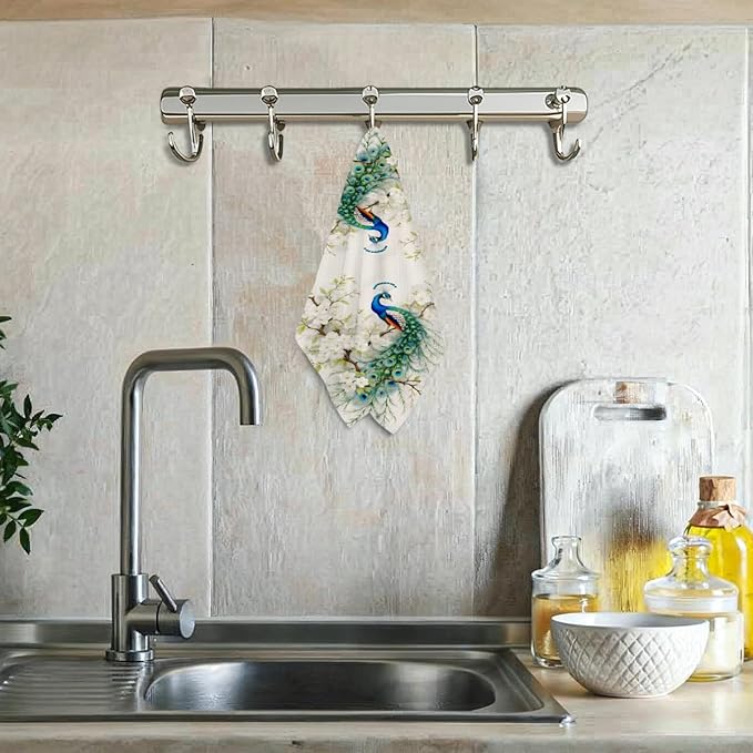 Elegant Peacock Kitchen Towels, Vintage Decorative Absorbent Microfiber Dish Cloth Tea Towel, Waffle Soft Hand Towels for Farmhouse Home Bathroom Kitchen Decor, Peacock Decor Gift