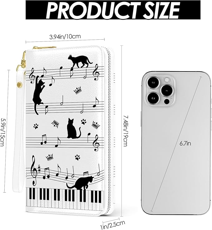 Womens Wallet, Black Cat Wristlet Wallet For Women, Piano Keys Musical Card Holder Purse, Birthday Christmas Graduation Gifts For Music Lovers, Aesthetic Office Daily Purse