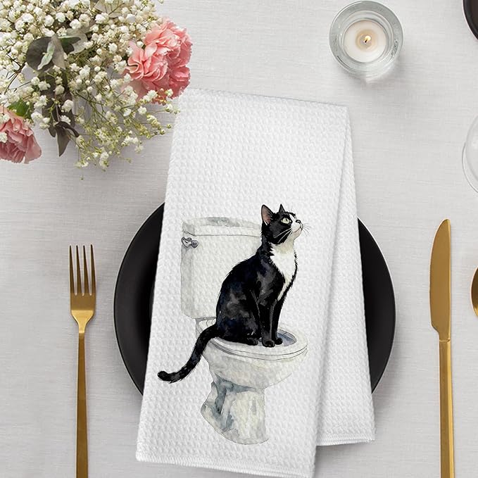Funny Tuxedo Cat Hand Towels for Bathroom Washroom Kitchen Decor, Tuxedo Cat Gifts for Women Men, Cute Cats Decorative Hand Towels Set of 2, Black Kitty Themed Dish Tea Towel, 16x24 Inch