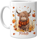 Hyturtle Personalized Fall Highland Cow Maple Leaves Coffee Mug - Birthday Gifts For Cow Lovers - Fall Autumn Decor Gifts For Farmhouse Thanksgiving - Custom Name 11oz White Ceramic Coffee Tea Mug