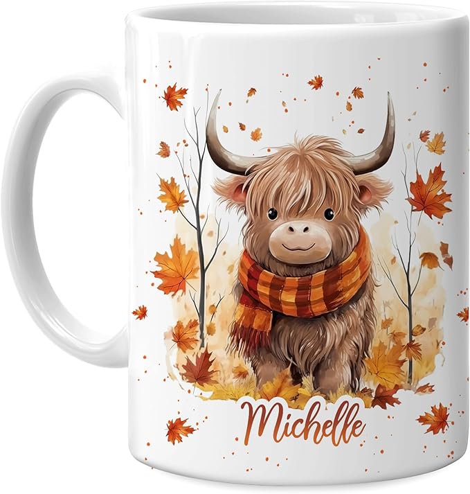 Hyturtle Personalized Fall Highland Cow Maple Leaves Coffee Mug - Birthday Gifts For Cow Lovers - Fall Autumn Decor Gifts For Farmhouse Thanksgiving - Custom Name 11oz White Ceramic Coffee Tea Mug