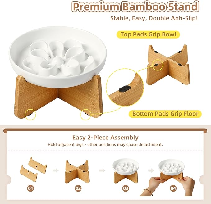 Elevated Slow Feeder Cat Bowl - Melamine Cat Dish with Anti-Slip Bamboo Stand - Whisker Friendly Feeding Bowl - Floral Maze Food Plate for Slow Eating - White