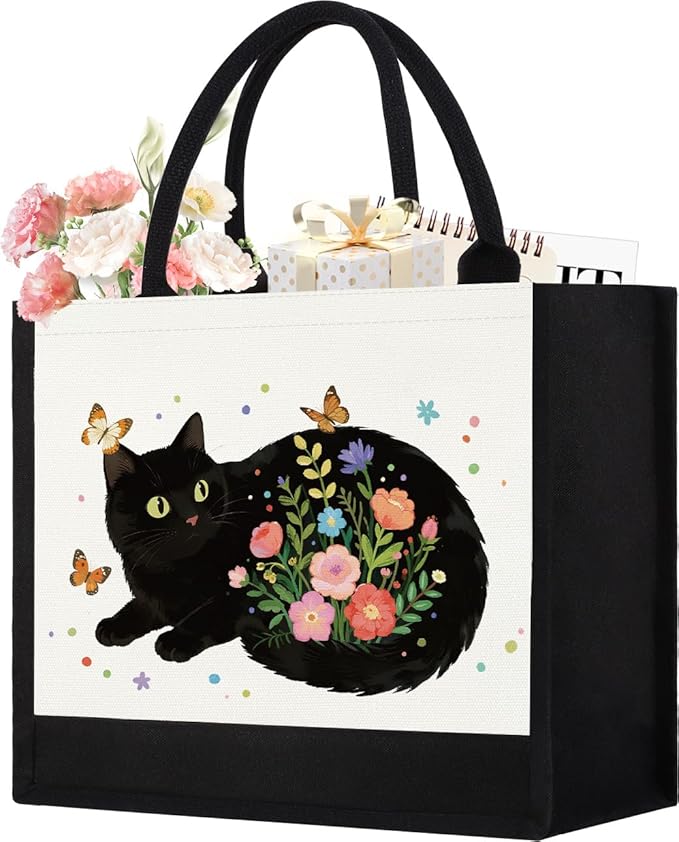 GevGuxLuo Canvas Tote Bag for Women, Cute Cat Gifts for Black Cat Lovers, Animal Lover Gift Aesthetic Cats Beach Bag Reusable Grocery Bag, Birthday Christmas Gift for Daughter Friends Sisters Bestie