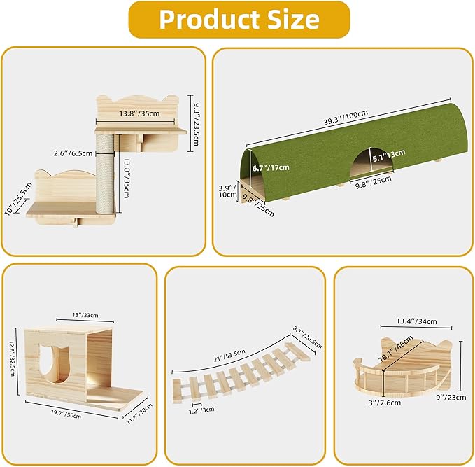 18-in-1 Cat Wall Shelves, Solid Wood Cat Furniture for Wall, Floating Cats Wall Shelves Set, Multi-Level Cat Climbing Wall Systems with Scratching Post & Tunnel, Floor Space-Saving, Burlywood