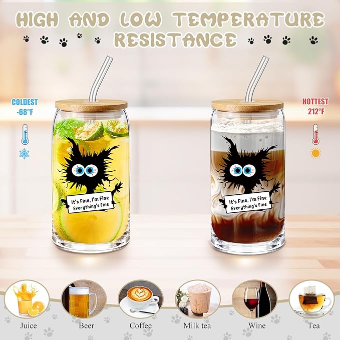Hushee 3 Pcs Cat Lover Gifts for Women Gifts Everything Is Fine Makeup Bag and Glass Cup with Lid Straw Keychain for Mother Day Friends Mom Coworker Favors
