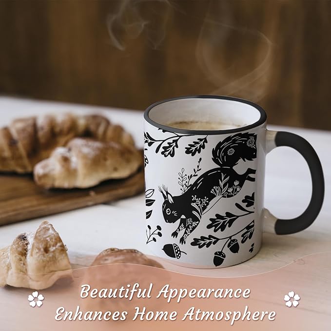 Squirrel Mug 11Oz Mothers Day Birthday Gifts for Women,Squirrel Gifts for Women, Black and White Boho Mug, Holiday Birthday Gift for Animal Lovers Ceramic Coffee Cup Microwave & Dishwasher Safe