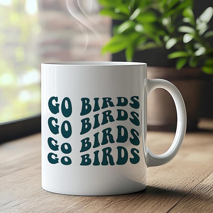 Go Birds Groovy Green Football Mug, Football Lover Fan Player Gifts Coffee Cup Ceramic, Footballs Gifts for Women Men Ceramic Coffee Tea Mug 11 oz
