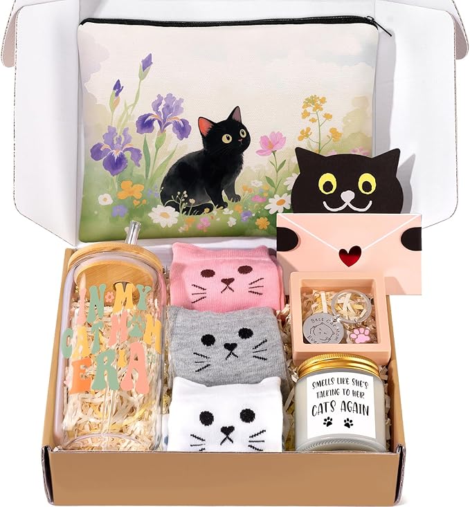 Cat Lover Gifts for Women, Cat Gifts for Women, Cat‘s Themed Gift for Christmas Mother's Day Birthdays, Funny Gift for Cats Lovers for Crazy Cats Lady Mom Daughters with Glass Cup Scented Candle Socks
