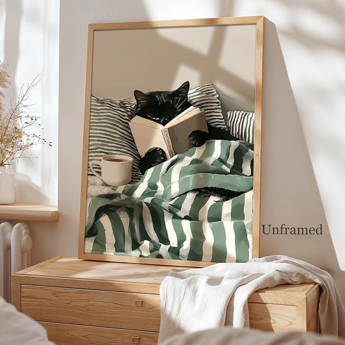 Funny Black Cat Canvas Wall Art, Cute Cat Reading Book In Bed with Coffee Aesthetic Poster, Cozy Striped Green Bedroom Animal Wall Decor, Bookish Art Print for Book Pet Lover 12x16in Unframed
