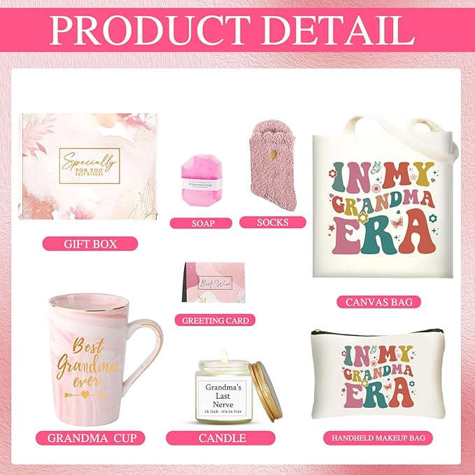 Grandma Birthday Gifts, Mothers Day Gifts for Grandma from Granddaughter Grandson, Uniuqe Christmas Easter Basket with Tote Bag Makeup Bag
