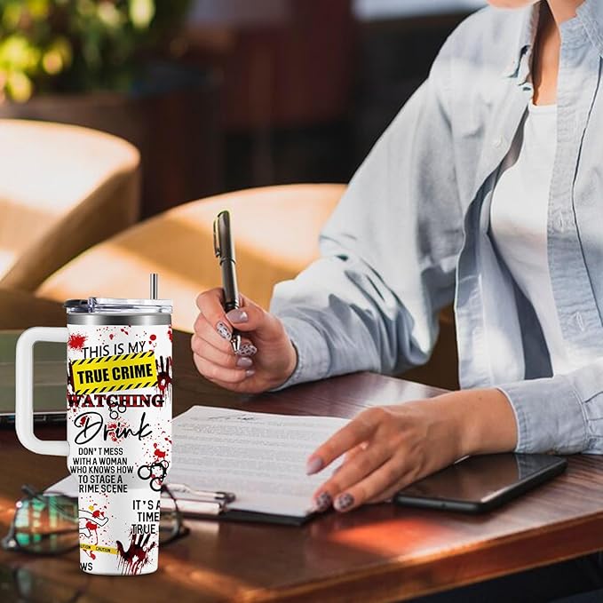 True Crime Gifts for Women Men - 40oz Funny Crime Scene Tumbler, Stainless Steel Travel Mug for Horror Podcast Fans, Crime Junkie Merch, Christmas Birthday Detective Lover Gift