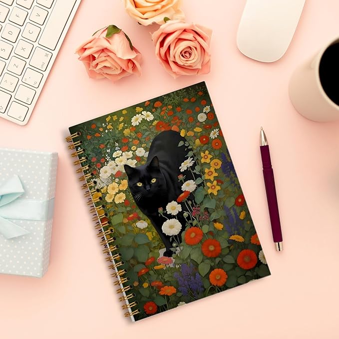 Vintage Moody Botanical Black Cat Notebook, Cottagecore Colorful Wildflower Witchy Kitty Journal for Writing, Cat Office Supplies, Spiral Notebook 5.5x8.3 Inch