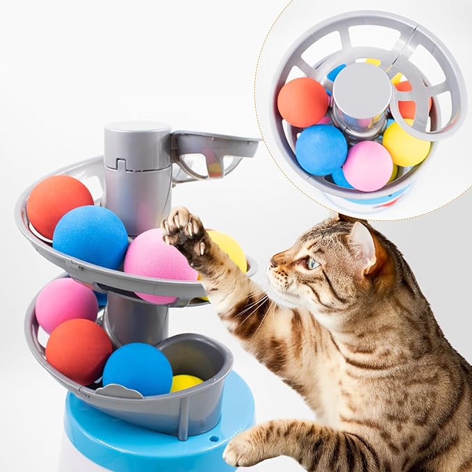 Automatic Cat Toy Ball Launcher with 16 EVA Bouncy Balls, Interactive Toys for Indoor Fetch Toy Machine for Playing Training