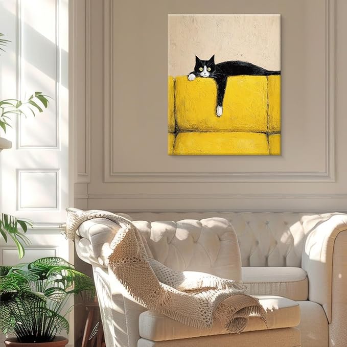 Vintage Black Cat Wall Art Decor Funny Kitten on Couch Print Picture Cat Lover Gifts Wall Decor for Home Living Room 8x10 Inch Canvas Framed