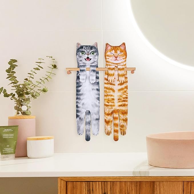 Funny Hand Towels for Bathroom Kitchen Decor - Cute Cat Hanging Hand Towel Kitchen Gadgets - Unique Housewarming Birthday Christmas Cat Lover Gift Ideas for Women Mom Lady Adults