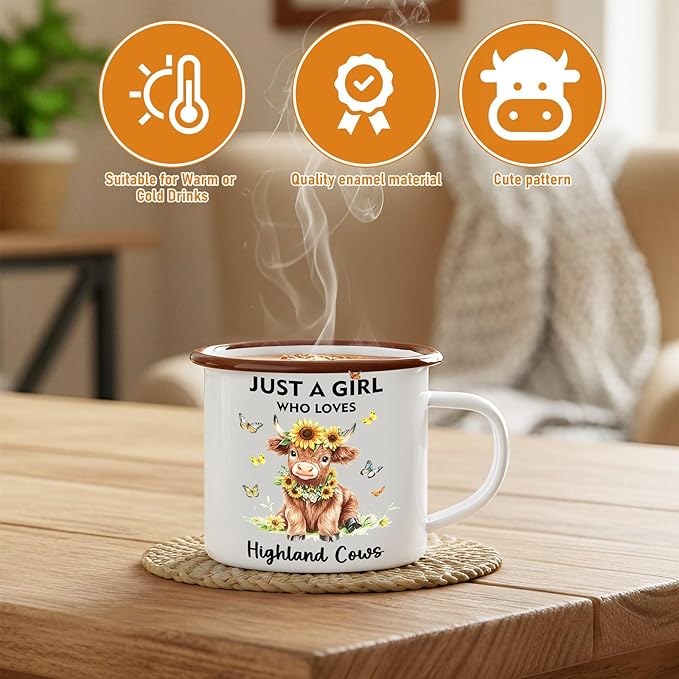 Highland Cow Lover Gifts for Women Birthday Gifts Baskets Set Include Canvas Tote Bag, Makeup Bag, Socks, Keychain, Enamel Mug, Small Figurines for Mom, Wife, Sister, Friend