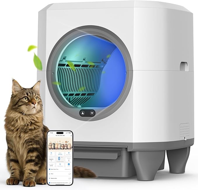 OROLEY Self Cleaning Litter Box, Large Capacity Automatic Cat Litter Box with APP Control, Safety Sensors, Built-in Deodorizing Scent Box, and 1 Roll Garbage Bags,White