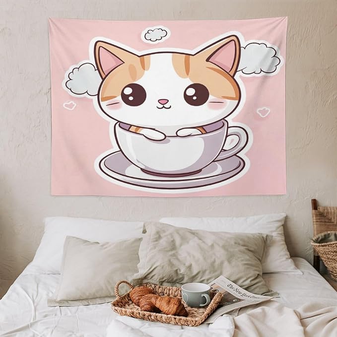 MaSiledy Kawaii Cat Tapestry As Wall Art Cute Kitten Cat Meow Vintage Aesthetic Tapestry Wall Hanging Landscape Tapestry for Bedroom Colorful Wall Hanging Aesthetic Wall Art For Room Decor 30"x40"