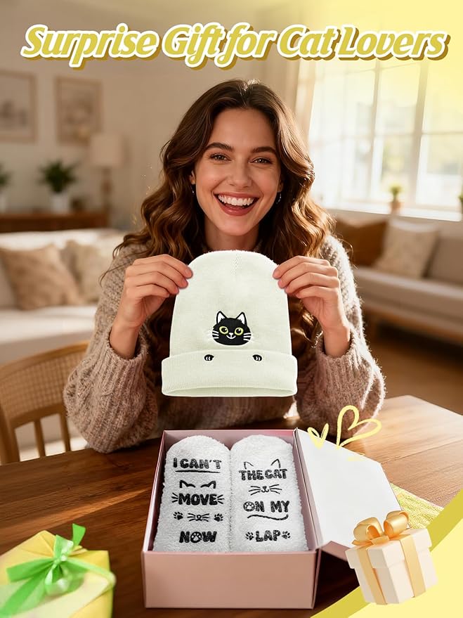 Cat Beanie and Funny Socks for Women - Cute Warm Gifts for Cat Lovers