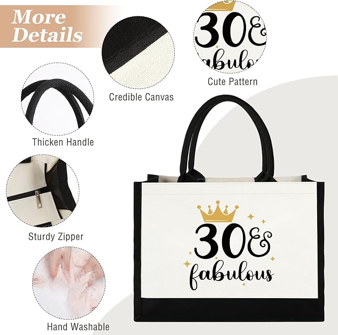 GevGuxLuo 30th Birthday Gifts for Women Canvas Tote Bag, 30 Years Old Birthday Gifts for Mom Wife Aunt Friends Her,Turning 30 Beach Bag Reusable Grocery Bag 30 fabulous Women Tote Bag