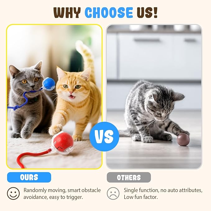 Smart Interactive Cat Ball Toy for Indoor Pets, 2025 New Automatic Rolling Toy with Tail, Electric Moving Cat Ball for Bored Cats and Dogs, Rechargeable and Durable Pet Toy for Cats and Dogs (Red)