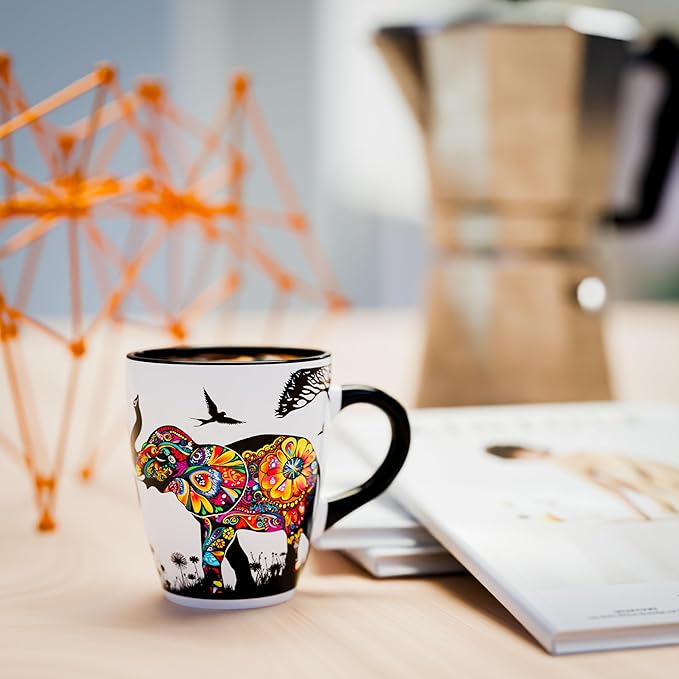 Color Changing Elephant Coffee Mug 12oz – Ceramic Heat Sensitive Cup for Coffee, Tea, Hot Cocoa & Milk – Magical Elephant Mug with Floral Reveal – Unique Gift for Elephant Lovers, Women, Mom, Grandma