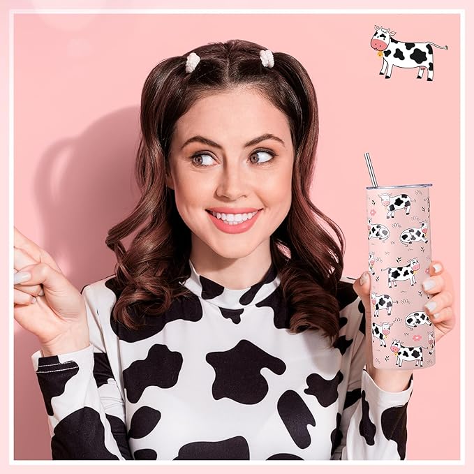 Funnymoom 2 Pack Cute Cow Gifts Set Skinny Tumbler 20 oz Travel Coffee Mug Novelty Cute Animals Socks, Christmas Birthday Party Gifts for Cow Themed
