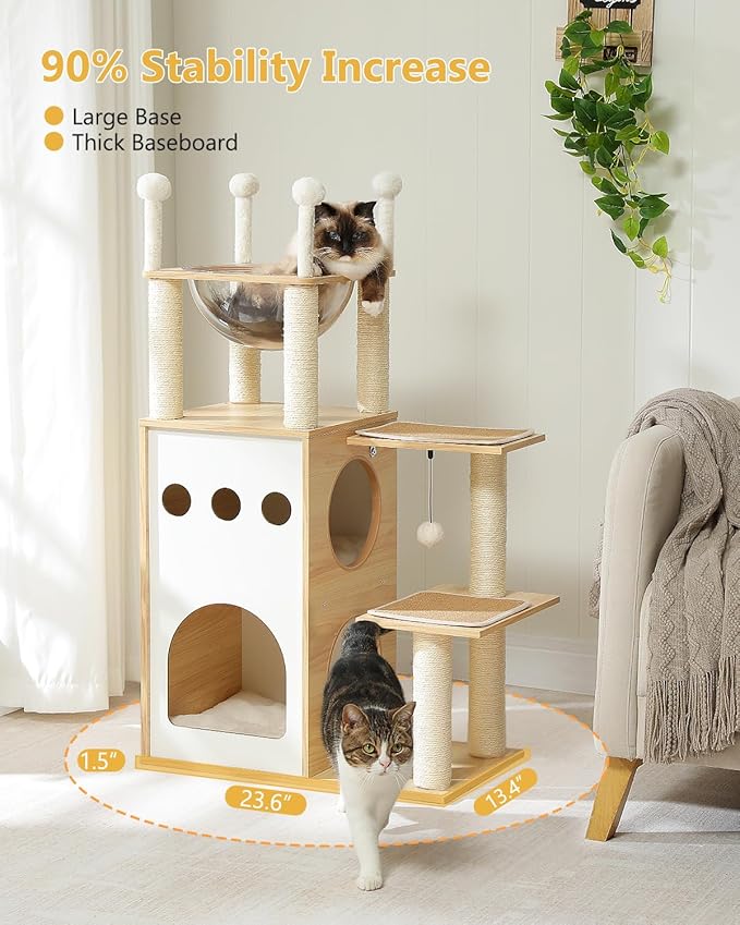 MUTTROS 42.5" Modern Wooden Cat Tree with 2-Story Condo, Scratching Posts, Capsule Nest & Dangling Balls - Sky City Design Indoor Furniture for Cats, Beige