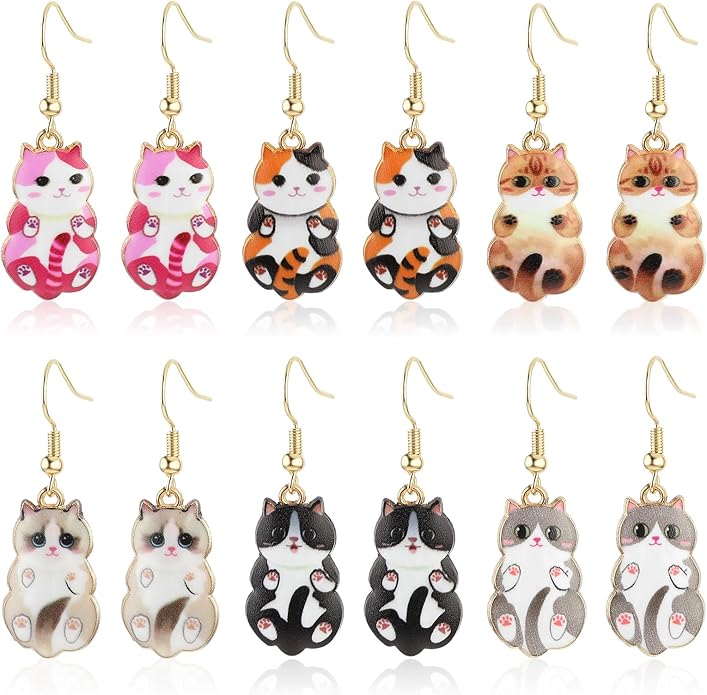 Mabor 6 Pairs Cute Cat Earrings for Women Colored Kitty Cat Earrings Alloy Drop Dangle Fun Anime Animal Earrings Aesthetic Funny Cartoon Earings Jewelry Gifts for Cat Lovers