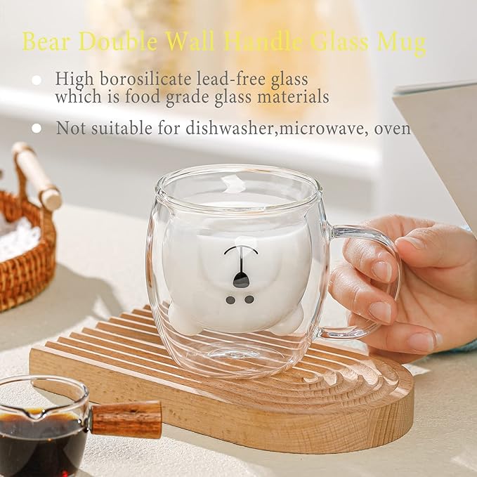 Binoster Bear Cute Mugs Kawaii Double Wall Glass Coffee Tea Mill Yogurt Cup Funny Novelty Gift for Women Her Friends Office Birthday Christmas (Bear with handle)