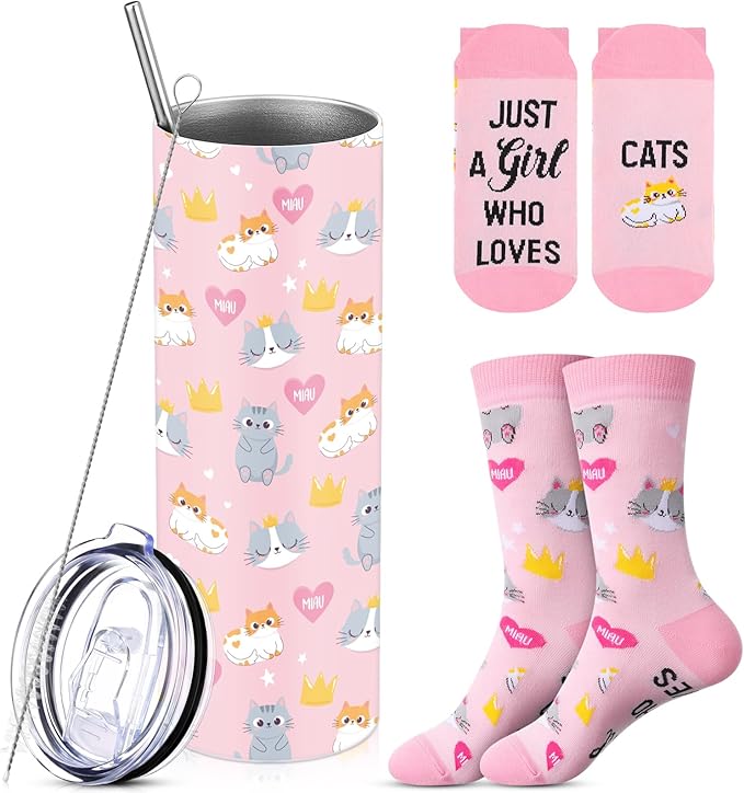 Funnymoom 2 Pack Cute Cat Gifts Set Skinny Tumbler 20 oz Travel Coffee Mug Novelty Cute Animals Socks, Christmas Birthday Party Gifts for Cat Themed