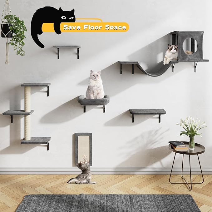 6-in-1 Cat Wall Shelves, Wall Mounted Cat Climber with Condo House, Scratching Post, Bridge Ladder, Space-Saving Indoor Play Furniture for Kittens, Dark Grey