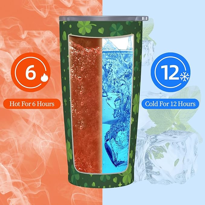 St Patrick's Day Tumbler 20oz Shamrock Stainless Steel Insulated Tumblers with Lid and Straw Irish Clover Travel Coffee Mug Tea Wine Cups Water Bottle Holiday Gifts for Women