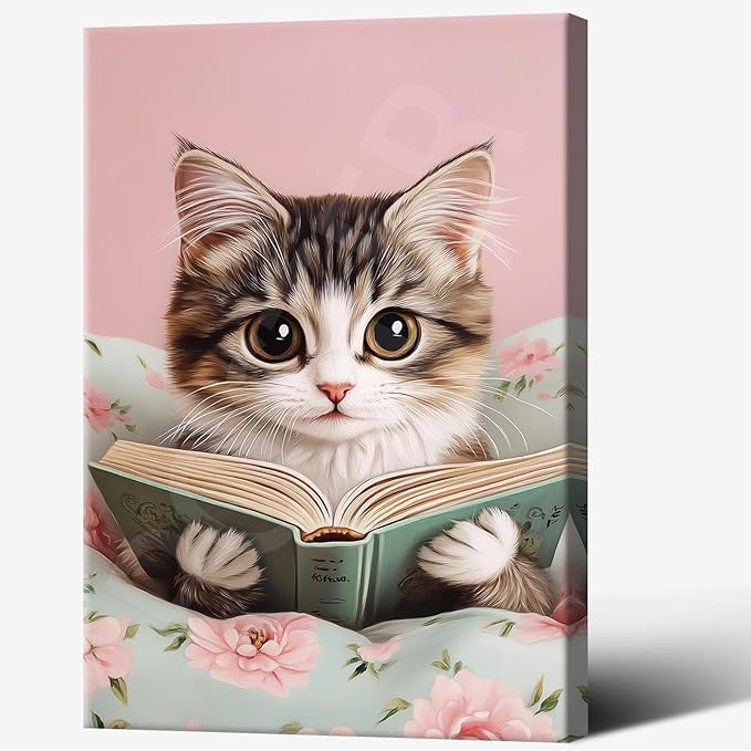 Trendy Cat Reading In Bed Canvas Wall Art Funny Pink Flower Animal Poster Funky Cat Lovers Monet Minimalist Prints Painting For Home Bedroom Kids Room Dorm Wall Decor 12x16in Framed