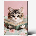 Trendy Cat Reading In Bed Canvas Wall Art Funny Pink Flower Animal Poster Funky Cat Lovers Monet Minimalist Prints Painting For Home Bedroom Kids Room Dorm Wall Decor 24x36in Framed