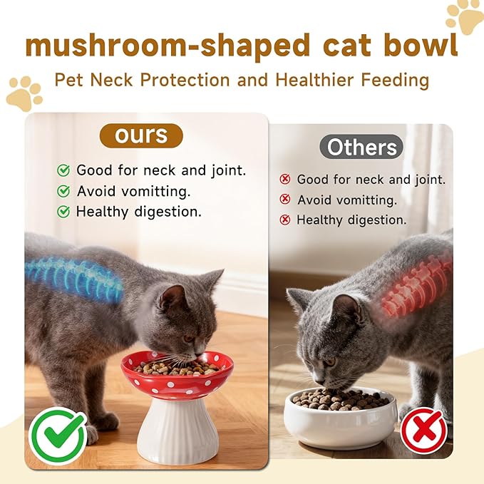 Mushroom Cat Bowl, Elevated Cat Food Bowl, Cute Bowls - Lead & Cadmium Free Ceramic, Red